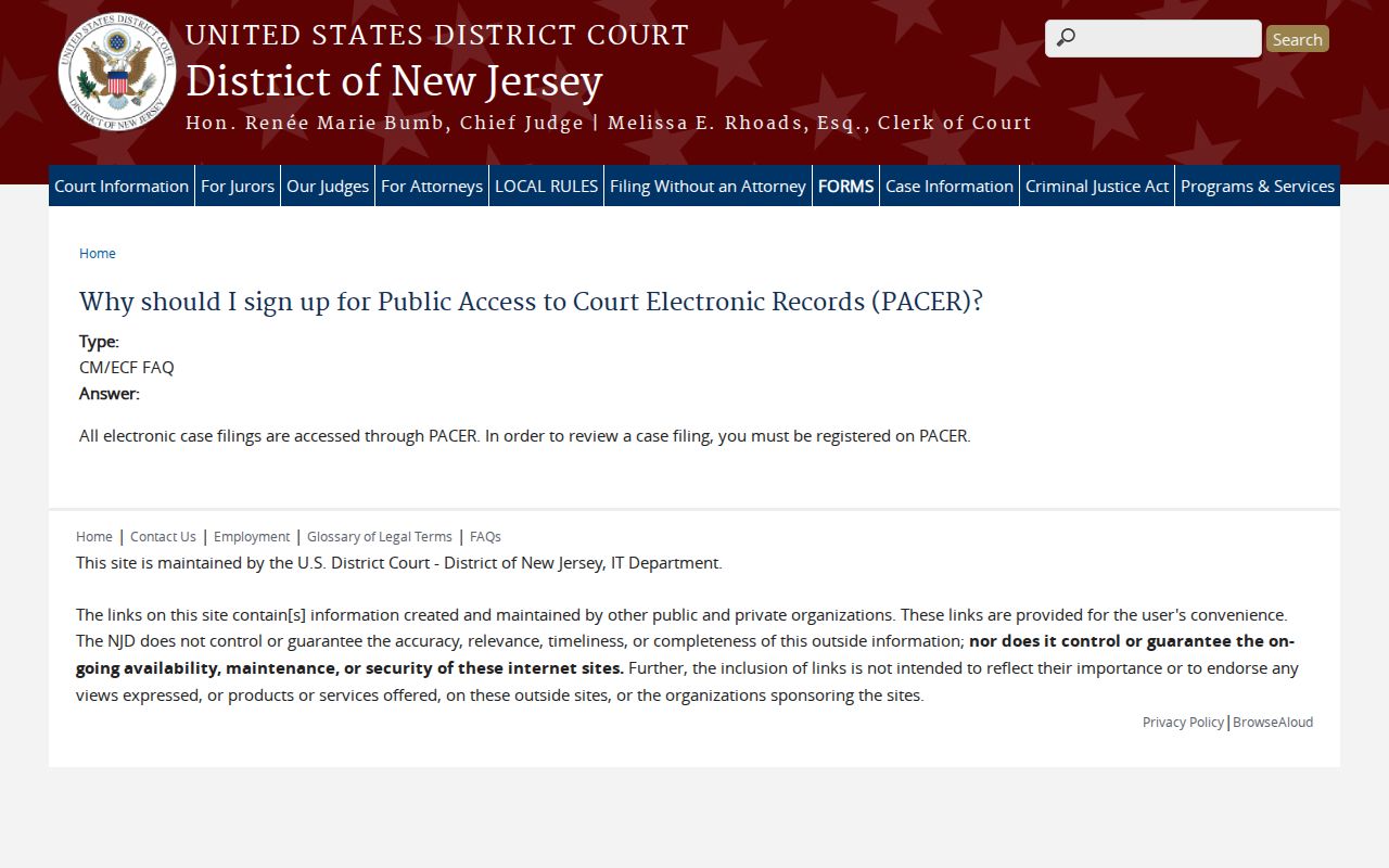 Pennsauken residents directory federal PACER records access explanation